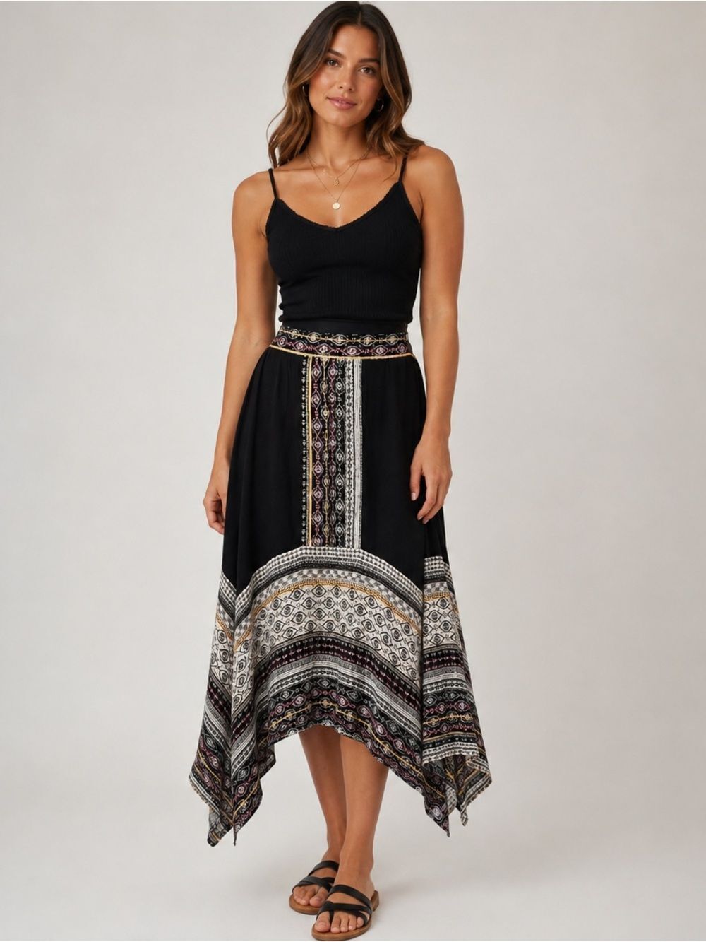 Black Asymmetrical Midi Skirt L Ethnic Border Boho Flowy Tribal Eclectic Earthy